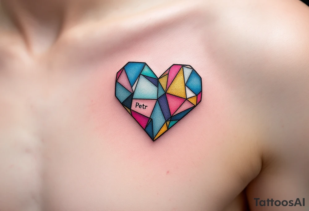 A mini heart made up of colorful geometric shapes, with each section of the heart filled with different watercolor shades of blue, pink, and gold, and the name "Petr" written in a modern, sans-serif font. tattoo idea