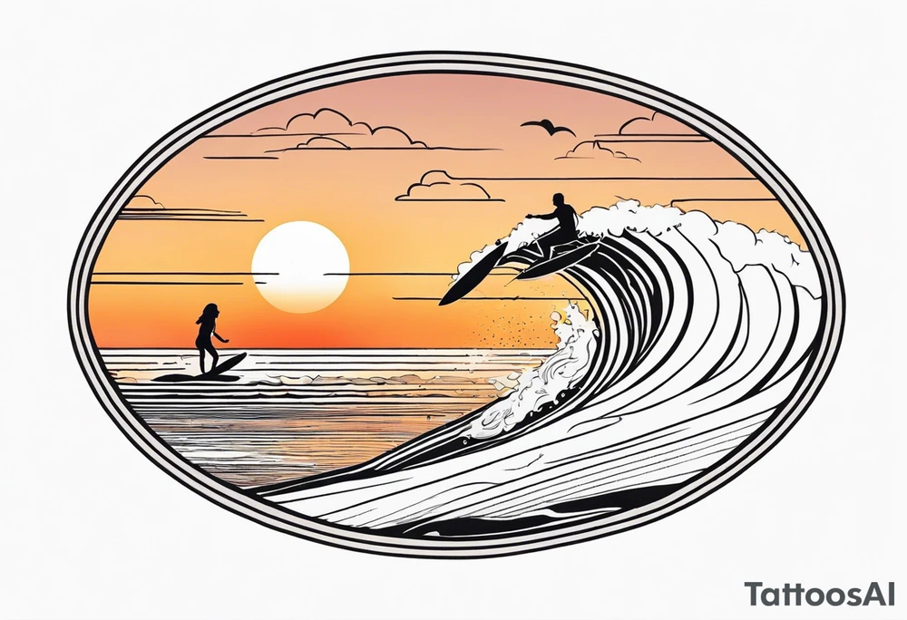 Black and white Line work tattoo depicting a father surfing with his two daughters.  The sunset and horizon have musical notes. tattoo idea