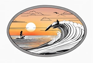 Black and white Line work tattoo depicting a father surfing with his two daughters.  The sunset and horizon have musical notes. tattoo idea