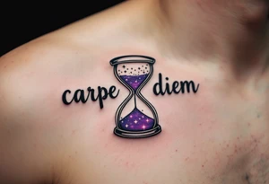 Elegant serif black ink "carpe diem" paired with a purple hourglass filled with stars, hinting at cosmic time on the back side of tight. tattoo idea