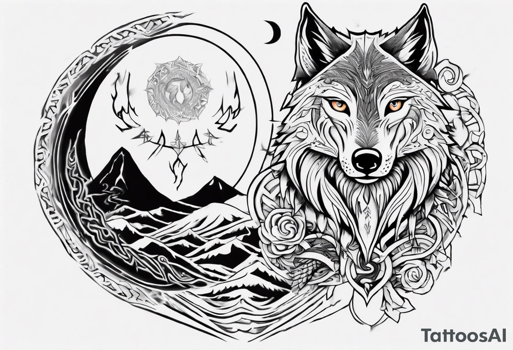 want a half sleeve on my left forearm featuring a howling wolf, surrounded by Māori patterns and Norse symbols, with a tribute to my nana, Joy tattoo idea
