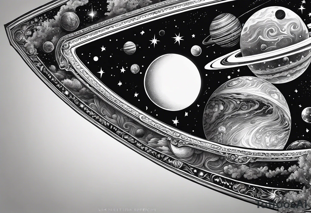 A tattoo featuring a cosmic scene with planets, black holes, and supernovae reflected in a mirror tattoo idea