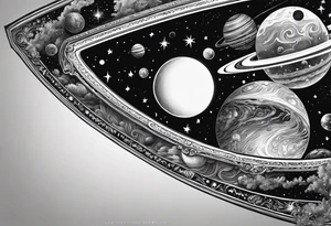 A tattoo featuring a cosmic scene with planets, black holes, and supernovae reflected in a mirror tattoo idea