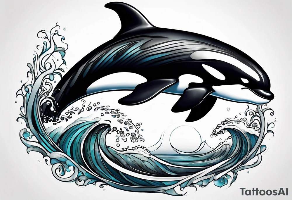 transient orca, flowing body, wrapped in kelp, smooth, wraps around pectoral muscle tattoo idea