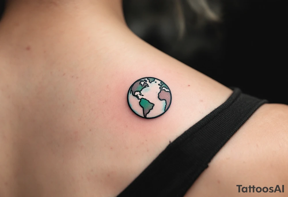 A small, minimalist Earth outlined in black with a hint of aqua and lime shading sits behind the ear. tattoo idea