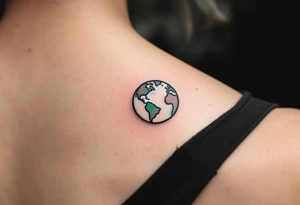 A small, minimalist Earth outlined in black with a hint of aqua and lime shading sits behind the ear. tattoo idea