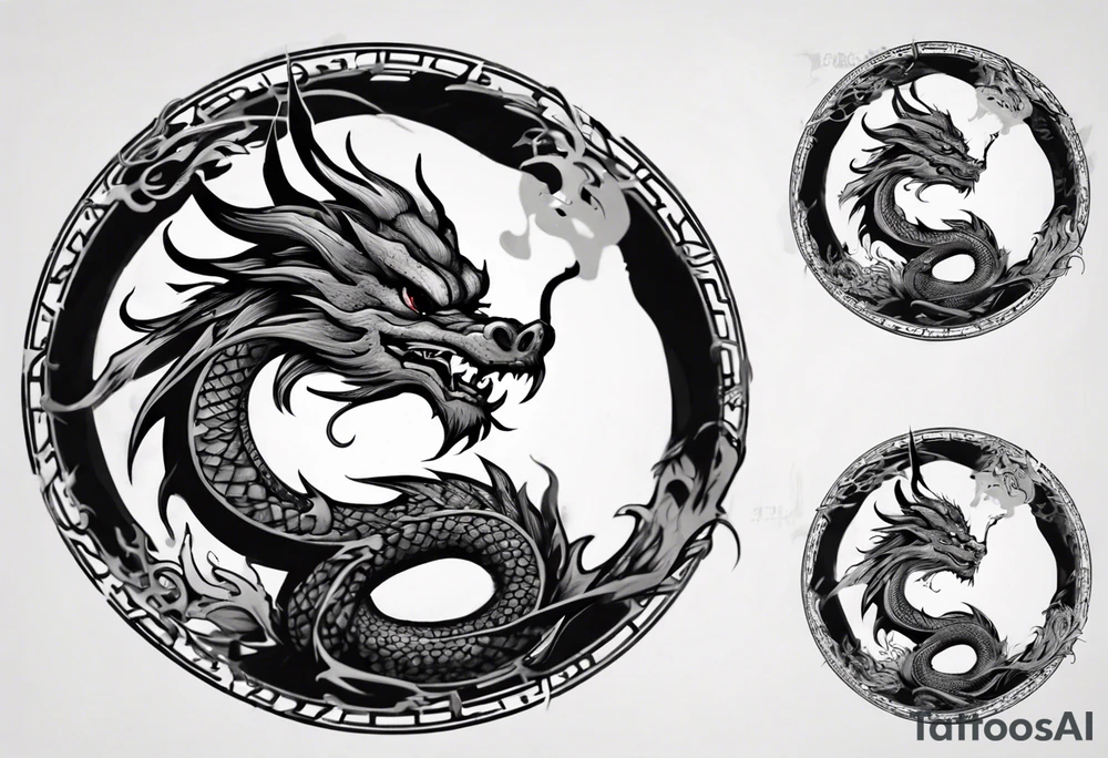 Chinese dragon in a circular shape with "02.03" written on it tattoo idea