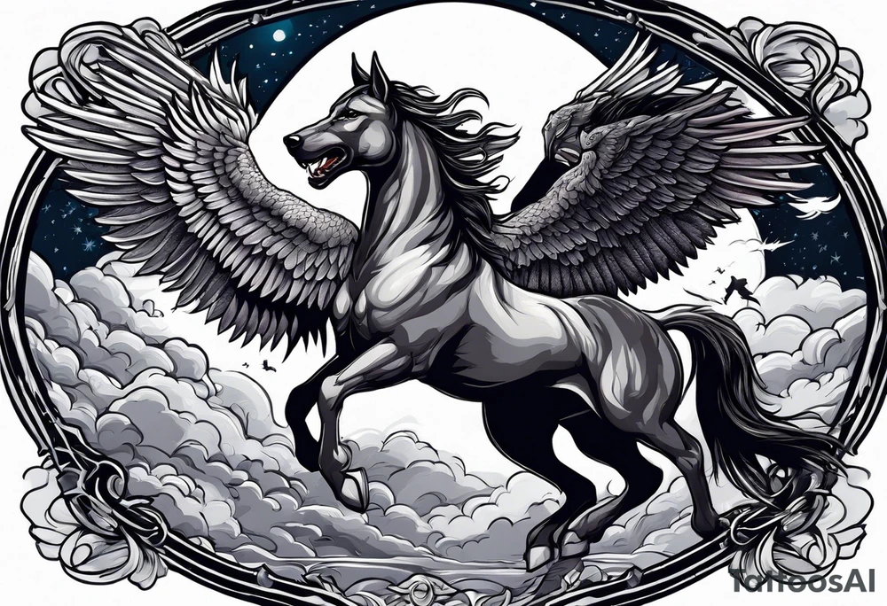 Female werewolf and Pegasus fighting each other in the night tattoo idea
