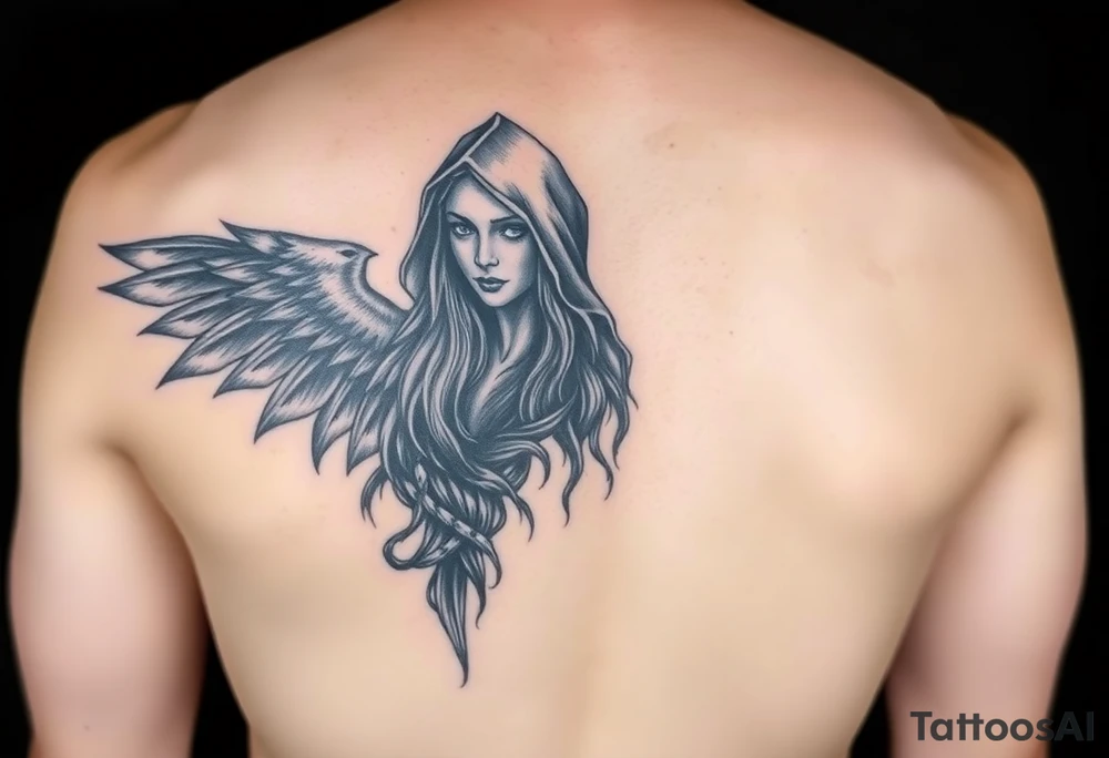 Left sleeve tattoo of the Morrigan Celtic  goddess of death. Powerful middle age woman of great wisdom and knowledge. Realistic and black and white imagery with potentially a splash of purple: images of crows can be built into it. 

Stronger focus on Celtic side of things, increase the age, add a hood. tattoo idea