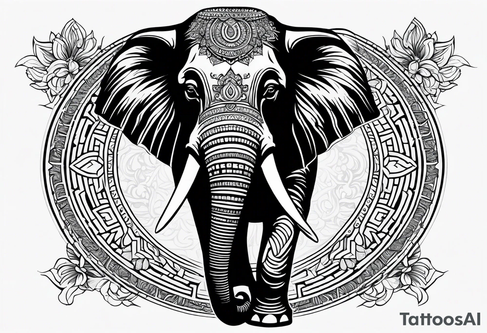 A Thai style design that is round and with an Asian elephant in the middle. The elephant is only the head of the elephant facing in the middle tattoo idea