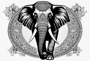 A Thai style design that is round and with an Asian elephant in the middle. The elephant is only the head of the elephant facing in the middle tattoo idea