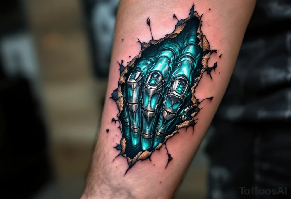 A tattoo of torn-away skin revealing biomech tendons in shimmering teal and plated titanium knuckles. tattoo idea