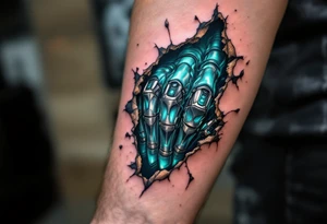 A tattoo of torn-away skin revealing biomech tendons in shimmering teal and plated titanium knuckles. tattoo idea