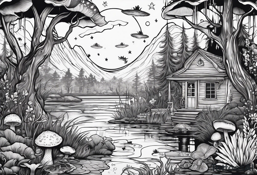A mermaid under the stars in a swamp with cypress trees, mushrooms, frogs and bugs. tattoo idea