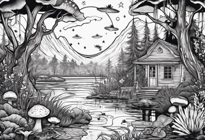 A mermaid under the stars in a swamp with cypress trees, mushrooms, frogs and bugs. tattoo idea