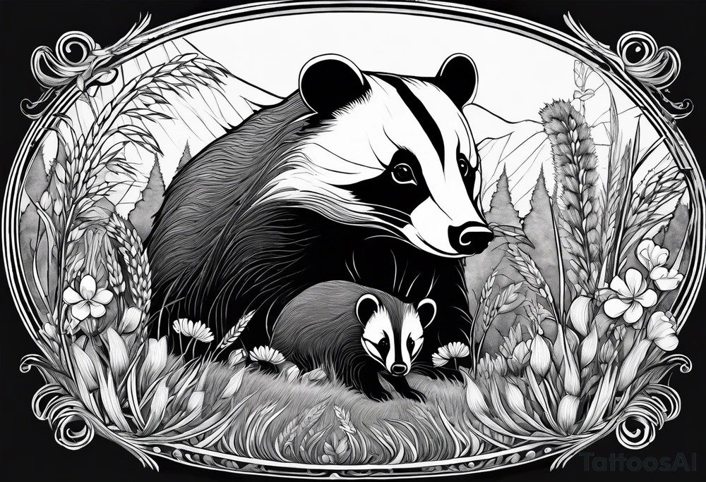A trippy black and white tattoo of a badger with a cub, flowers, a field of wheat, forest and fractals tattoo idea