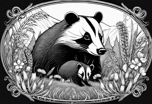 A trippy black and white tattoo of a badger with a cub, flowers, a field of wheat, forest and fractals tattoo idea