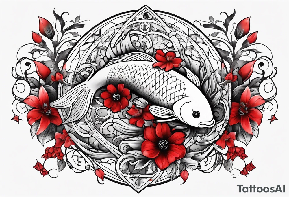 pisces with black and red flowers with geometric designs tattoo idea