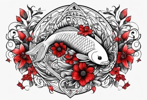 pisces with black and red flowers with geometric designs tattoo idea
