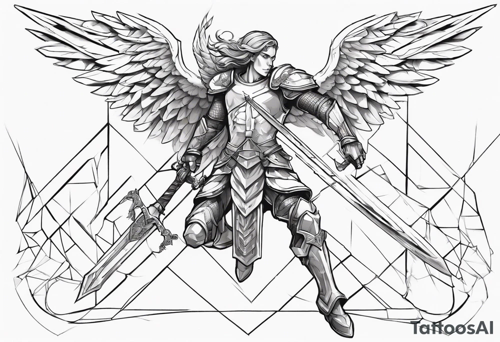 A winged angel wearing armor that is in mid-air with his two-handed sword about to attack in isometric view. tattoo idea