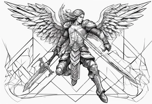 A winged angel wearing armor that is in mid-air with his two-handed sword about to attack in isometric view. tattoo idea