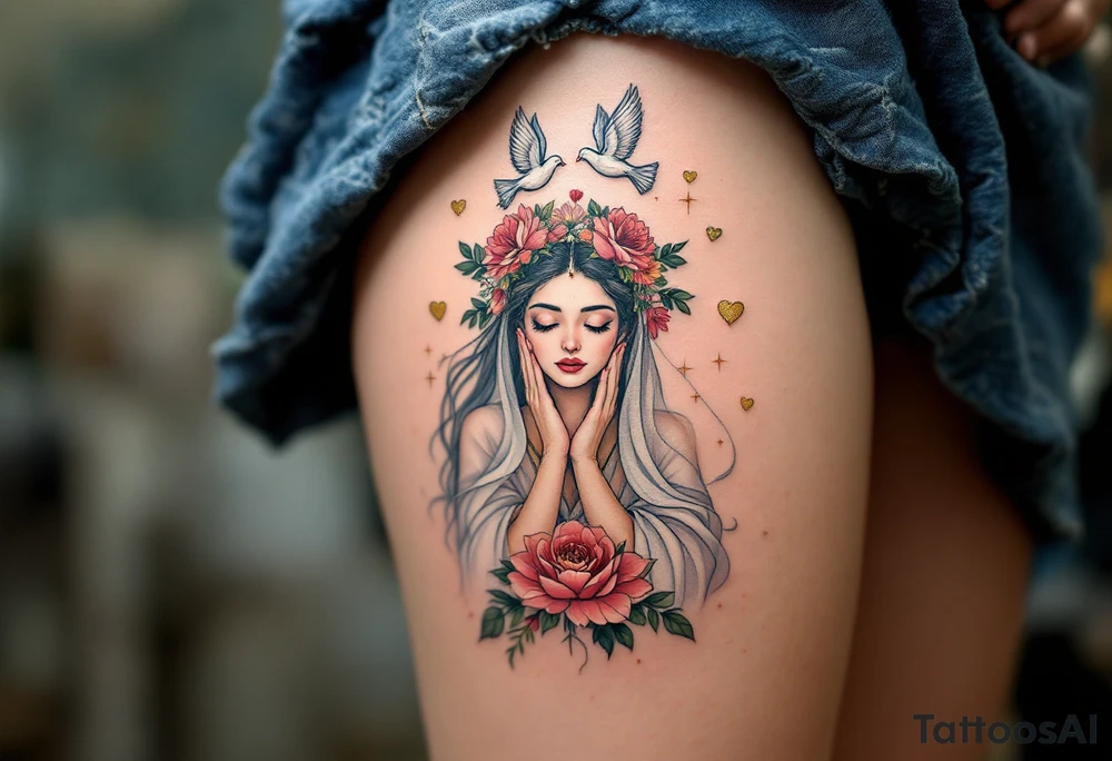 Lada Goddess – A serene figure in white and pale pink robes, crowned with flowers, surrounded by doves and hearts of gold. tattoo idea