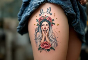 Lada Goddess – A serene figure in white and pale pink robes, crowned with flowers, surrounded by doves and hearts of gold. tattoo idea