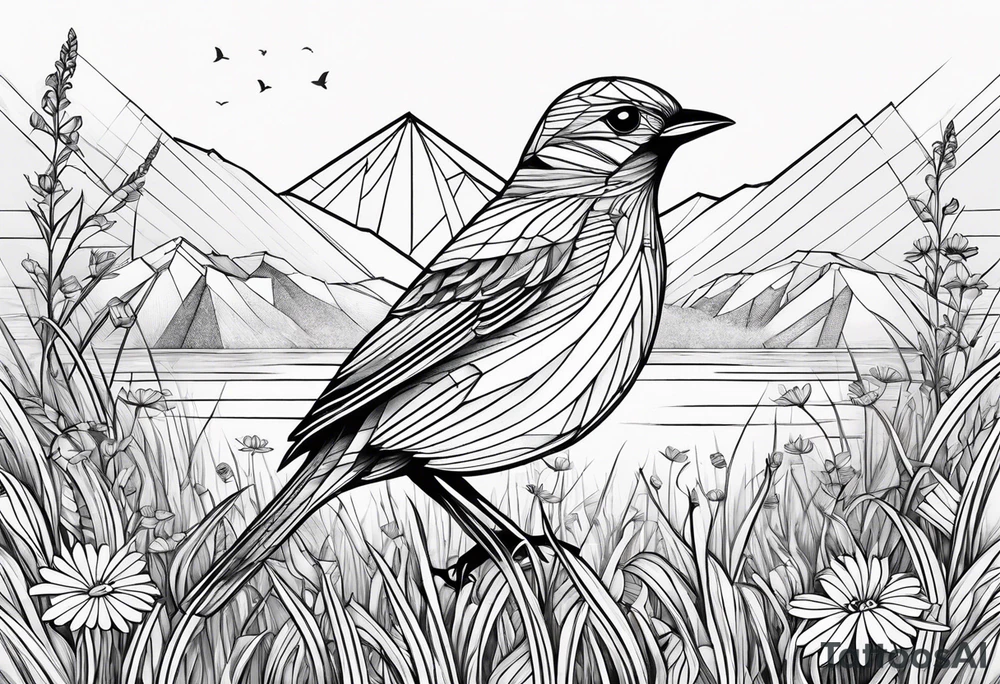 Geometric small bird in a grass and daisy field with Mountain View behind tattoo idea