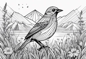 Geometric small bird in a grass and daisy field with Mountain View behind tattoo idea