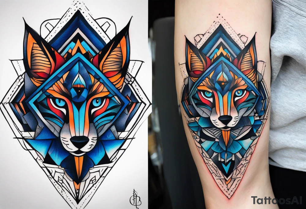 semi Detailed neo traditional knee tattoo flat on paper. The tattoo features geometric patterns and bold lines, creating a visually striking design with slight tints of deep fall colors. The a background 
outside the tattoo features deep blues washes and water swirls tattoo idea