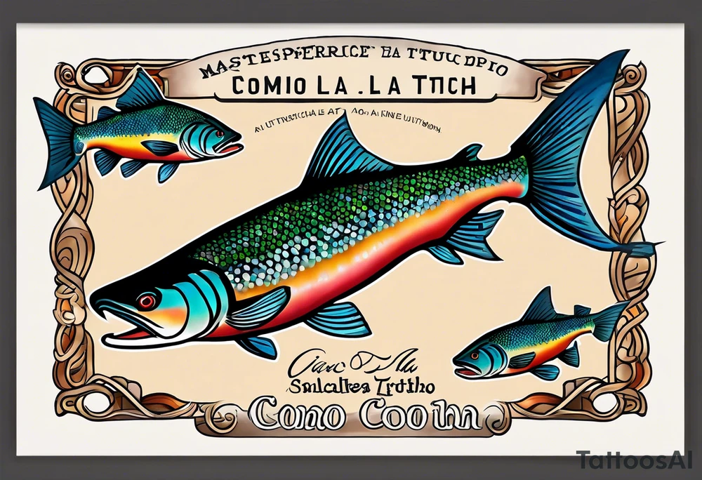 A small tattoo with a shaded trout and text that says, 'Como la trucha...' drawn with fine lines." tattoo idea