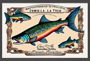 A small tattoo with a shaded trout and text that says, 'Como la trucha...' drawn with fine lines." tattoo idea