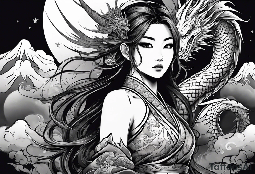 warrior beautiful fairy nymph with a full body with a sword and a full dragon with a mountain with clouds and a Japanese building background tattoo idea