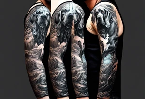 Full arm sleeve. Four Great Danes together exploring waterfall tattoo idea