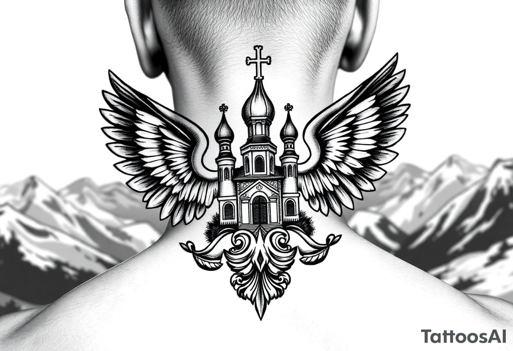 russian coat of arms with both heads visible & wings spanning out on my back neck across on to my shoulders with an orthodox christian church being visible in a mountainous sun beaming setting, with the russian orthodox cross spire of the orthodox church being visible on my neck with a sun beaming in the background that the cross sits inside tattoo idea