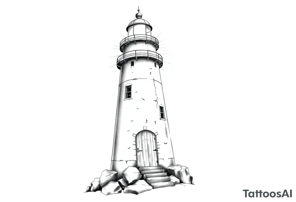 Lighthouse with rays of light with a few windows and an old door tattoo idea