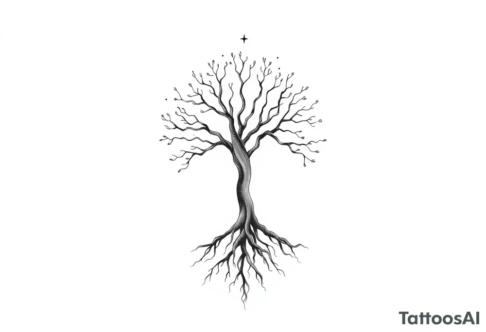 mystical tree of life with cosmic roots and celestial branches tattoo idea