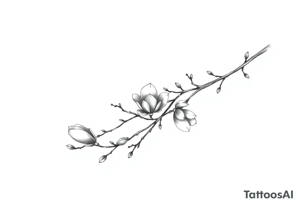 Magnolia branch long with different small almost closed flowers, with botanical details and dots tattoo idea