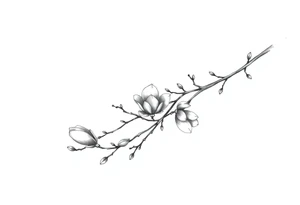 Magnolia branch long with different small almost closed flowers, with botanical details and dots tattoo idea