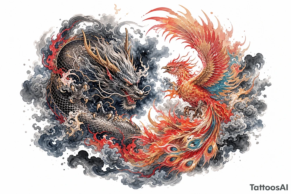 Japanese dragon and phoenix clashing in stormy, dark clouds, traditional ink style. tattoo idea