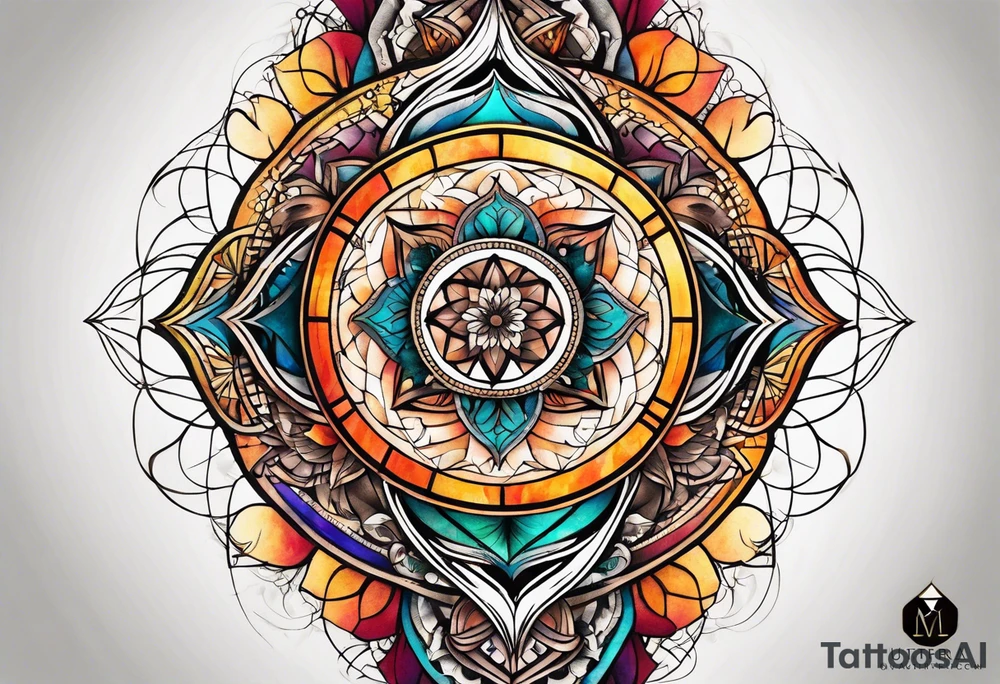 knee tattoo with sacred geometry,  swirl washes in background in fall colors tattoo idea