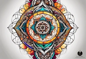 knee tattoo with sacred geometry,  swirl washes in background in fall colors tattoo idea