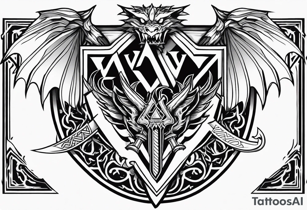 Valhalla sword shield dragon axe Valknut fire tattoo idea Valhalla sword shield dragon axe Valknut fire tattoo idea