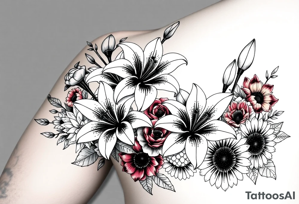 Arm sleeve 6 fully bloomed, stargazer lilies with 2 budded lilys pink red and yellow roses hydrangea and sunflowers filling area around lilys tattoo idea