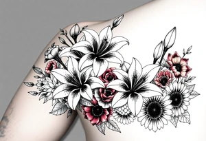 Arm sleeve 6 fully bloomed, stargazer lilies with 2 budded lilys pink red and yellow roses hydrangea and sunflowers filling area around lilys tattoo idea