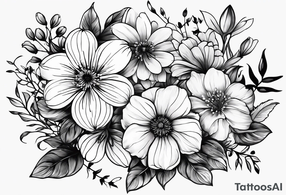 Small tattoo flower bunch using July flower, November flower, May flower, May flower, August flower and February flower tattoo idea
