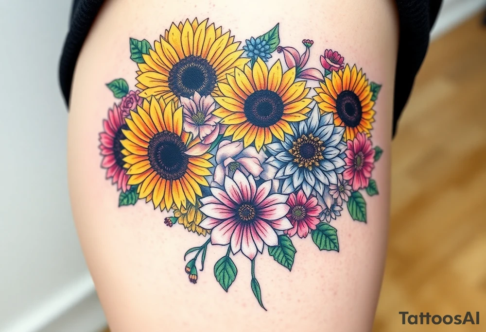 Bouquet of sunflowers, water Lillies, dahlias, marigolds, carnations, hydrangeas, daisys, and chrysanthemums tattoo idea