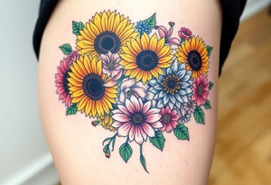 Bouquet of sunflowers, water Lillies, dahlias, marigolds, carnations, hydrangeas, daisys, and chrysanthemums tattoo idea