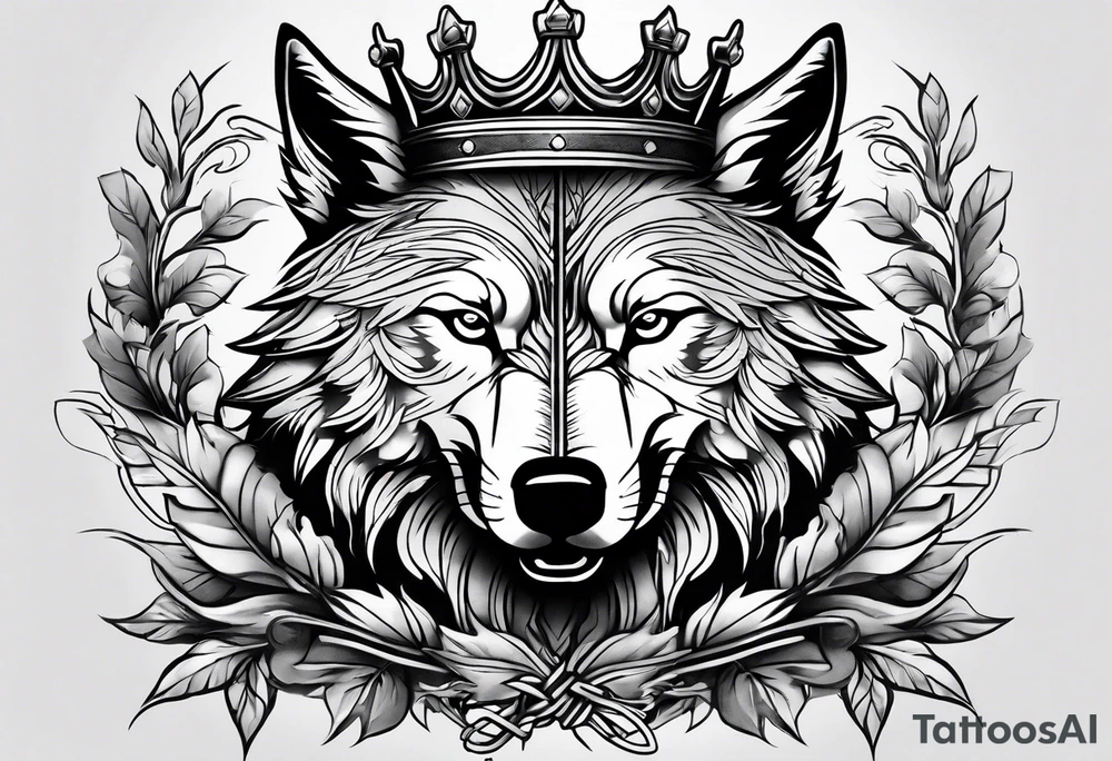 Create a vision of arm tattoo sleeve with combination of sword, crown, tree and three wolves to represent clients family roots tattoo idea
