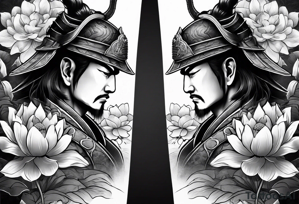 Samurai warrior and spartan warrior facing off, include lotus flowers in the background, both warriors should appear aggressive looking ready for battle,  turn this into a forearm sleeve tattoo idea